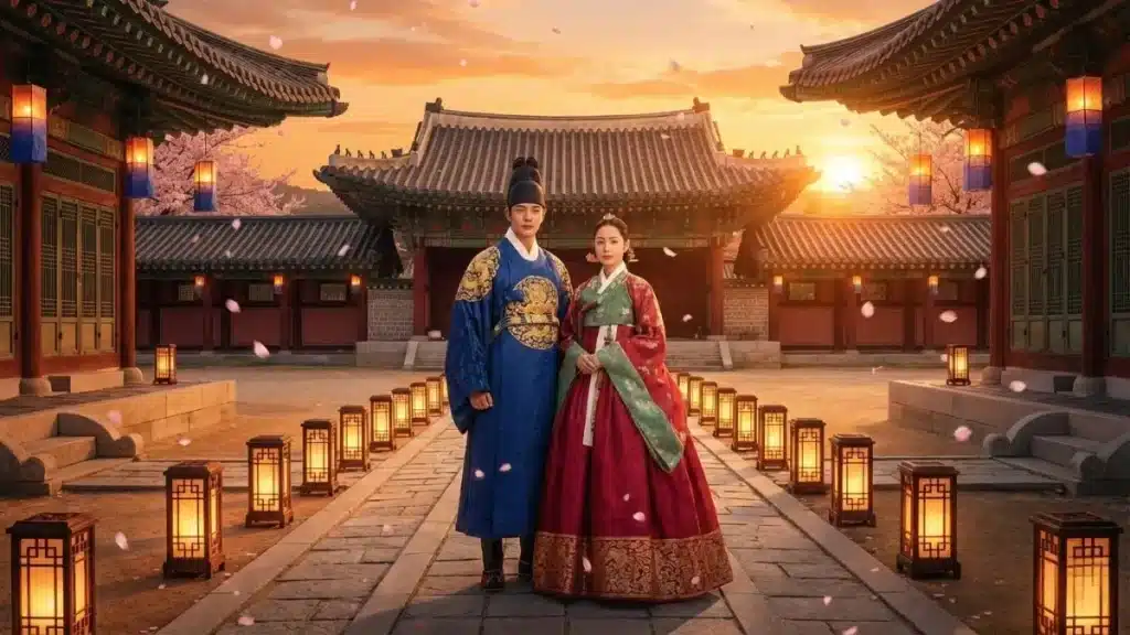 A captivating historical K-drama scene from 2025 featuring majestic palaces and traditional Hanboks