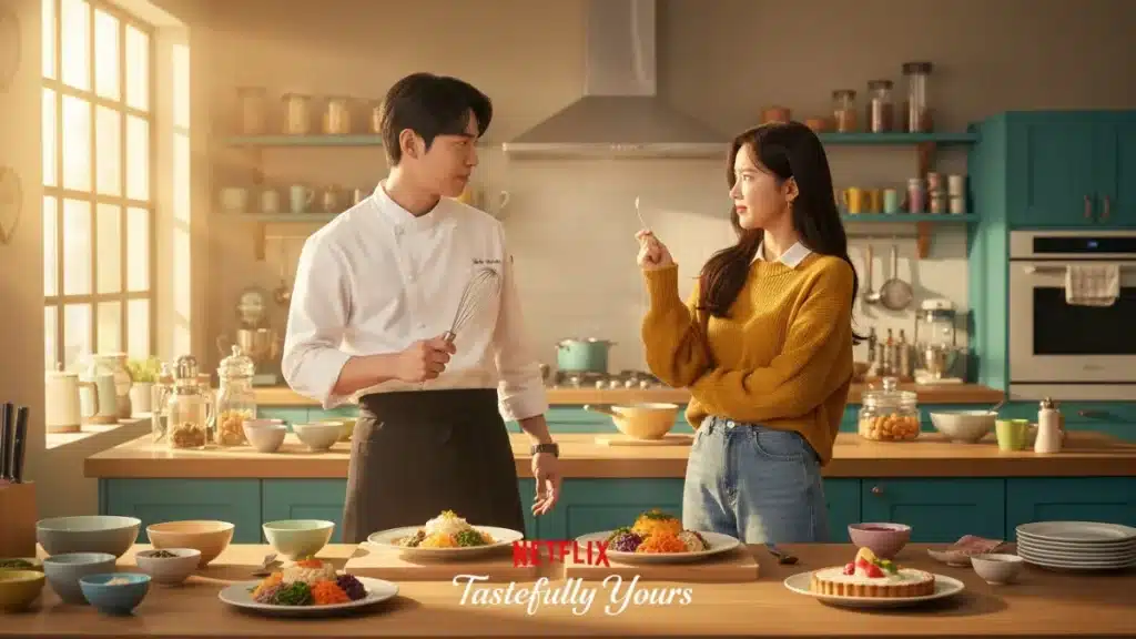 Kang Ha-neul and Go Min-si in a playful kitchen argument from the K-drama Tastefully Yours