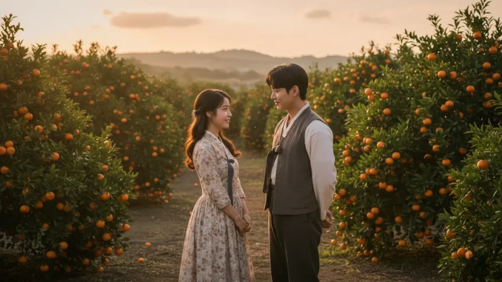IU and Park Bo-gum in a romantic scene from the 1950s K-drama When Life Gives You Tangerines