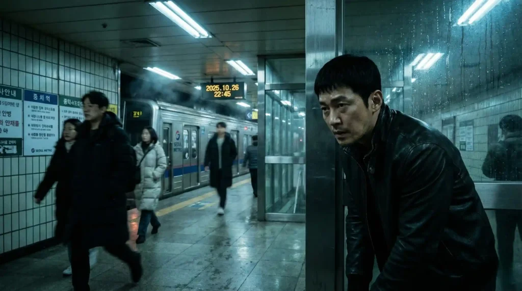 Seong Gi-hun tracking game recruiters in Seoul subway station in Squid Game Season 2, showing his transformation into a vigilante on a mission to destroy the deadly games