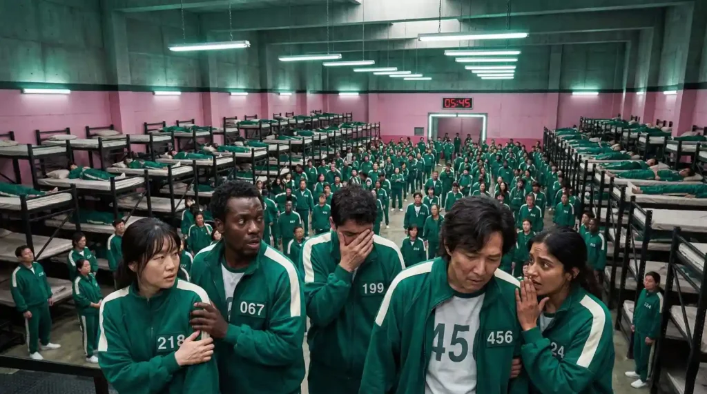 Diverse international players in green tracksuits inside the Squid Game Season 2 dormitory, showing the global expansion of the deadly competition with participants from Asia, Africa and Middle East