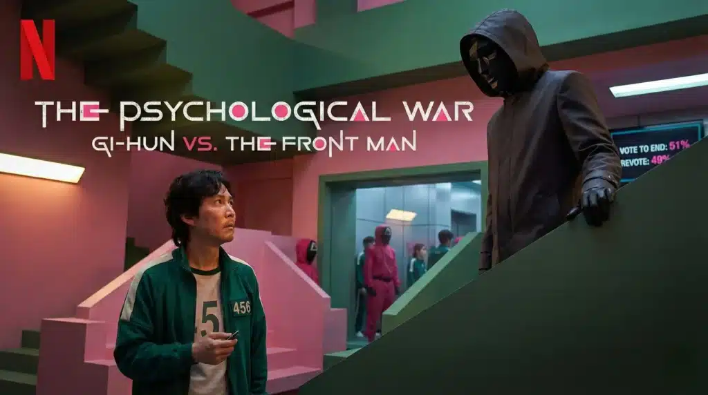 Three giant robotic dolls in Squid Game Season 2's Red Light Green Light 2.0 game positioned at different angles with terrified players in green tracksuits frozen on the field